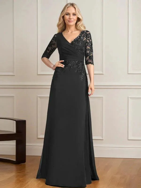A-line V-Neck Floor-Length Lace Chiffon Mother of the Bride Dress With Pleated Sequins - Image 10