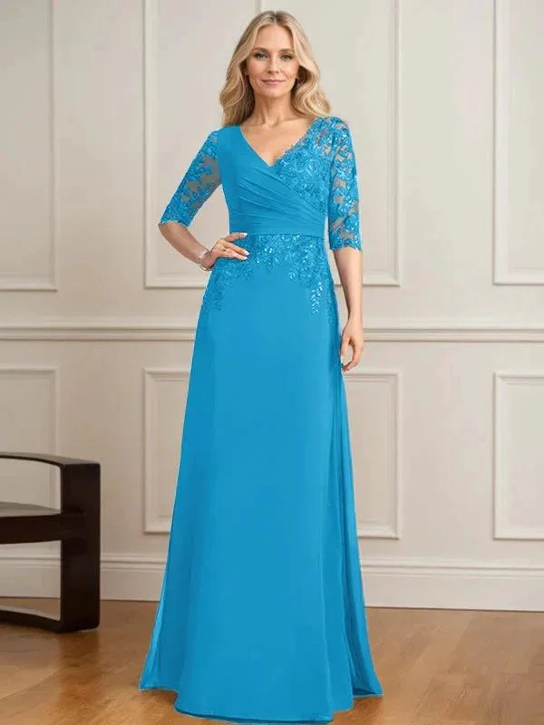 A-line V-Neck Floor-Length Lace Chiffon Mother of the Bride Dress With Pleated Sequins - Image 11