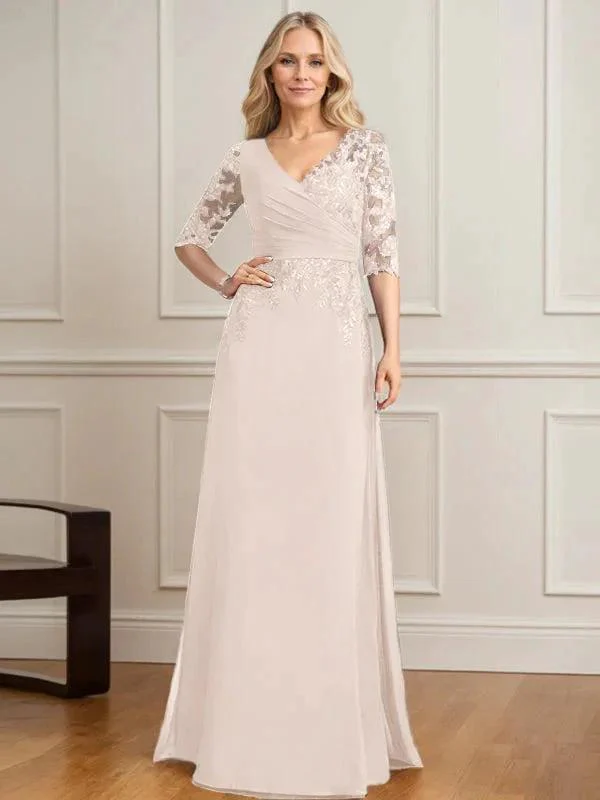 A-line V-Neck Floor-Length Lace Chiffon Mother of the Bride Dress With Pleated Sequins - Image 12