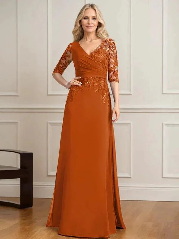 A-line V-Neck Floor-Length Lace Chiffon Mother of the Bride Dress With Pleated Sequins - Image 13