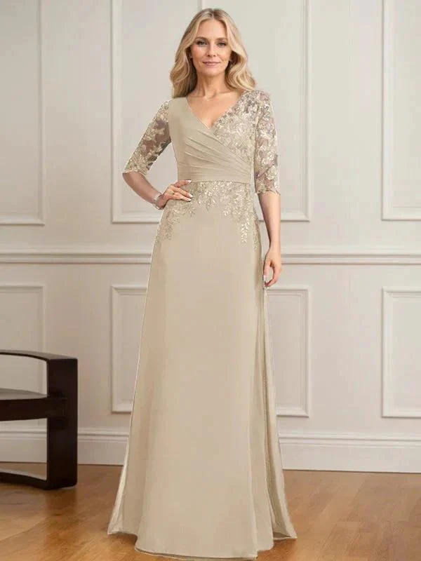 A-line V-Neck Floor-Length Lace Chiffon Mother of the Bride Dress With Pleated Sequins - Image 14