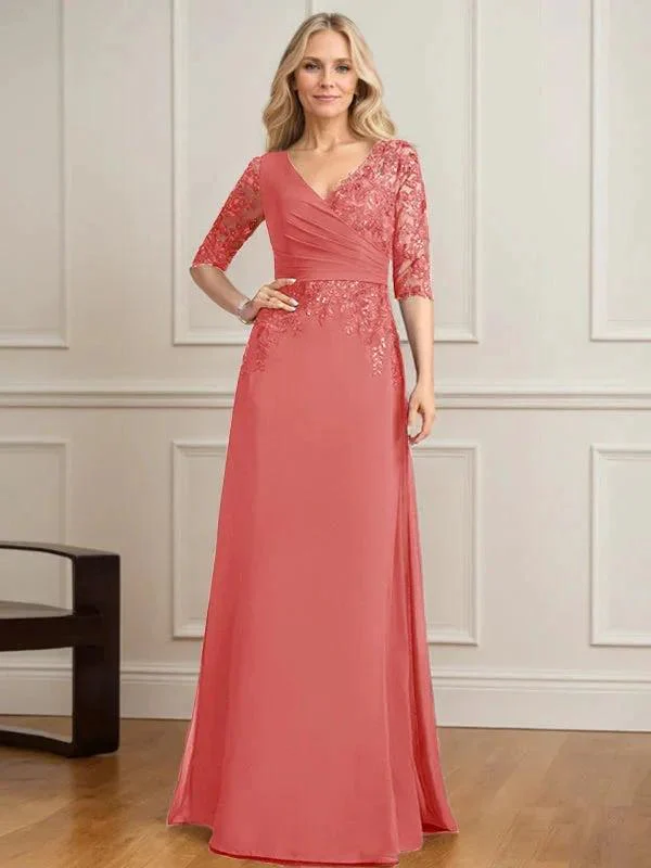 A-line V-Neck Floor-Length Lace Chiffon Mother of the Bride Dress With Pleated Sequins - Image 15