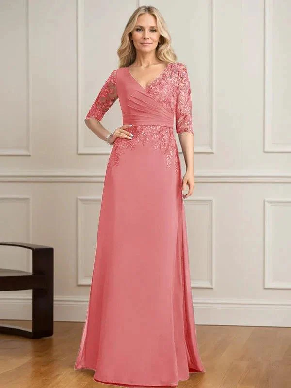 A-line V-Neck Floor-Length Lace Chiffon Mother of the Bride Dress With Pleated Sequins - Image 16