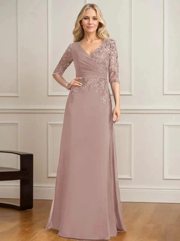 A-line V-Neck Floor-Length Lace Chiffon Mother of the Bride Dress With Pleated Sequins - Image 17