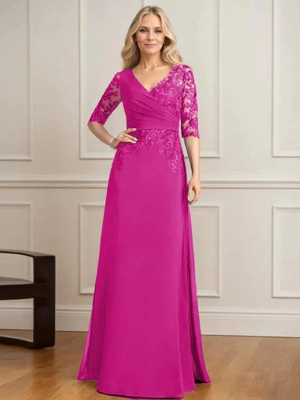 A-line V-Neck Floor-Length Lace Chiffon Mother of the Bride Dress With Pleated Sequins - Image 18
