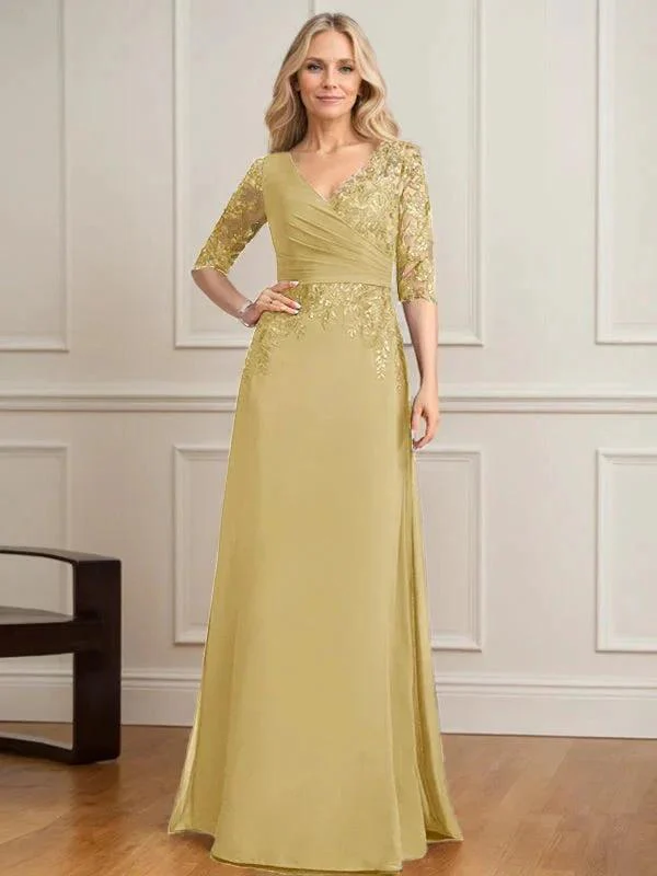 A-line V-Neck Floor-Length Lace Chiffon Mother of the Bride Dress With Pleated Sequins - Image 19