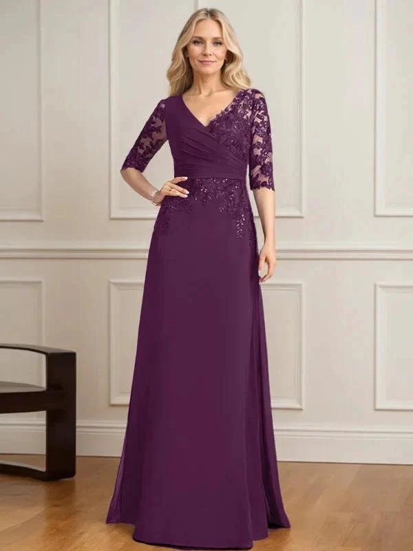A-line V-Neck Floor-Length Lace Chiffon Mother of the Bride Dress With Pleated Sequins - Image 20