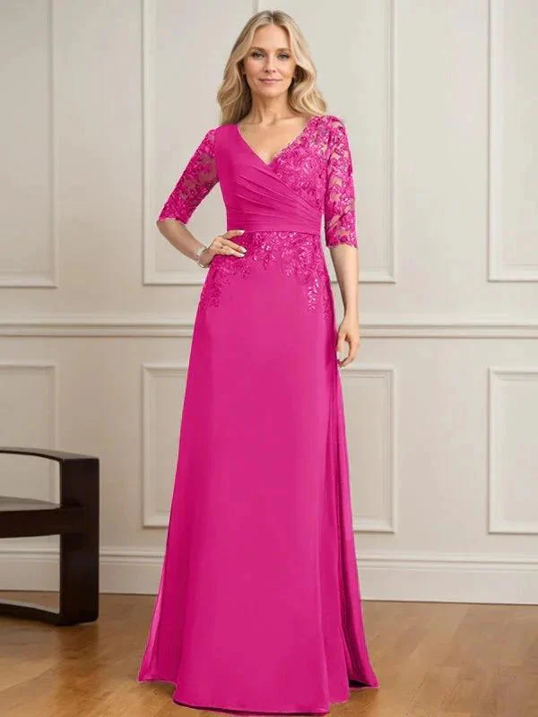 A-line V-Neck Floor-Length Lace Chiffon Mother of the Bride Dress With Pleated Sequins - Image 21