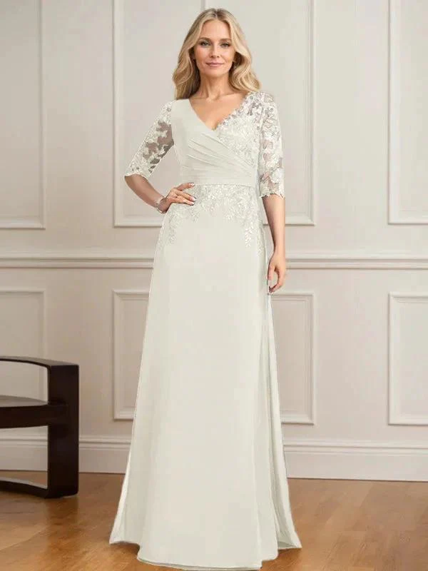 A-line V-Neck Floor-Length Lace Chiffon Mother of the Bride Dress With Pleated Sequins - Image 22