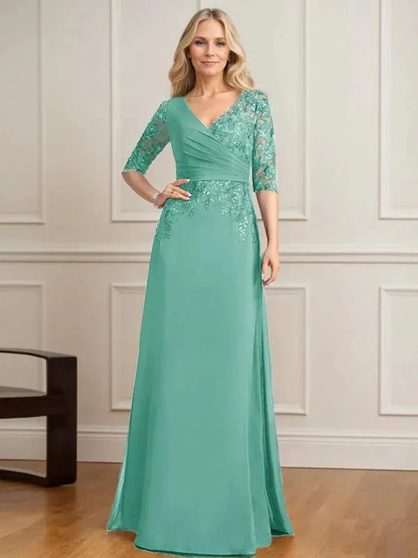 A-line V-Neck Floor-Length Lace Chiffon Mother of the Bride Dress With Pleated Sequins - Image 23