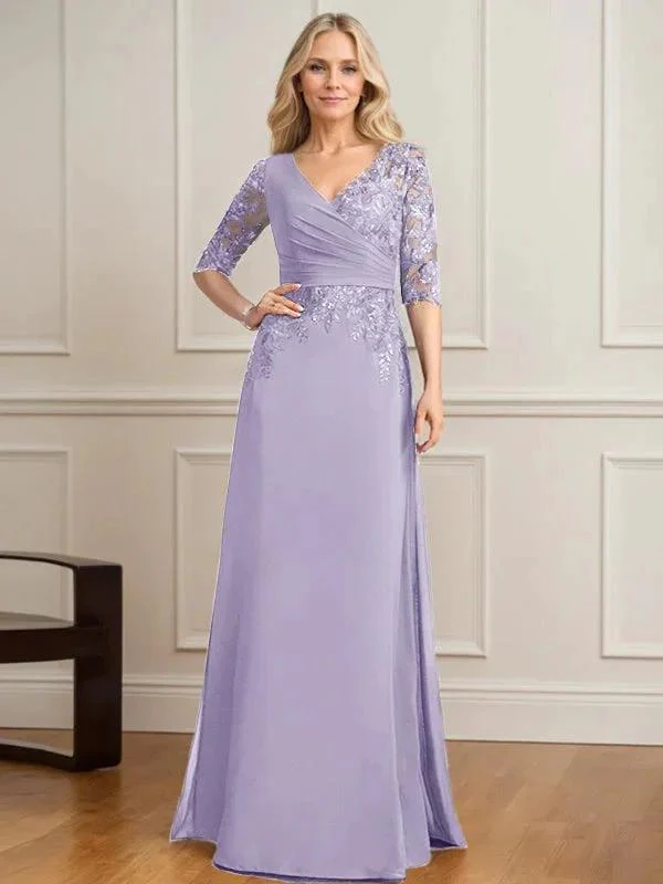 A-line V-Neck Floor-Length Lace Chiffon Mother of the Bride Dress With Pleated Sequins - Image 24
