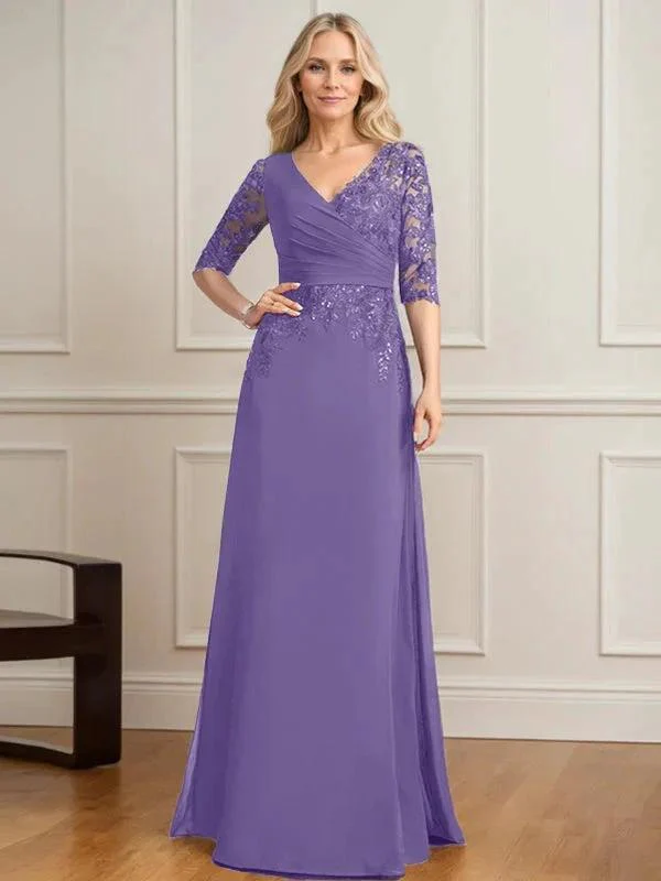 A-line V-Neck Floor-Length Lace Chiffon Mother of the Bride Dress With Pleated Sequins - Image 25
