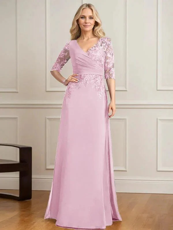 A-line V-Neck Floor-Length Lace Chiffon Mother of the Bride Dress With Pleated Sequins - Image 26
