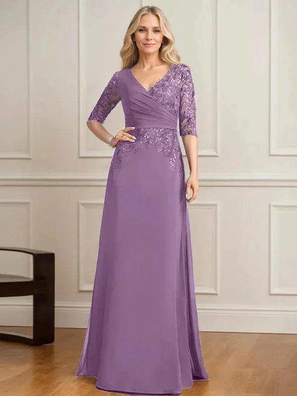 A-line V-Neck Floor-Length Lace Chiffon Mother of the Bride Dress With Pleated Sequins - Image 27