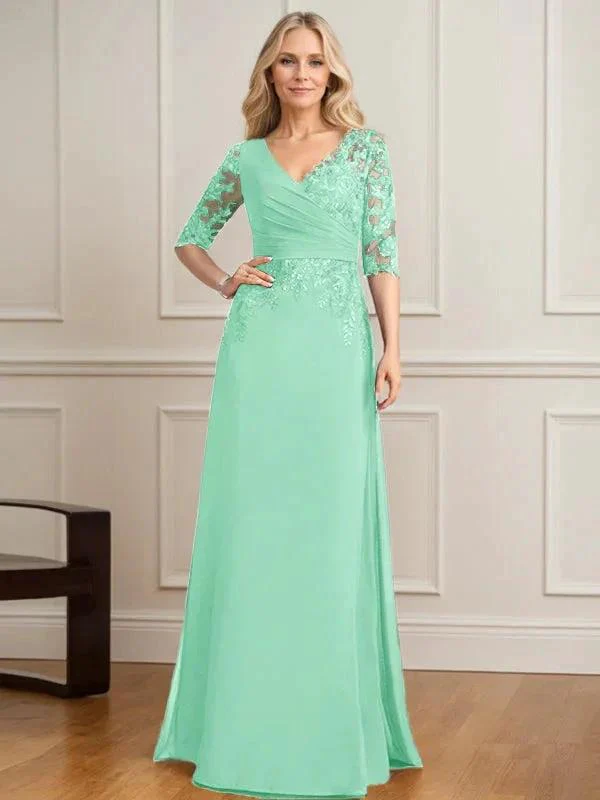 A-line V-Neck Floor-Length Lace Chiffon Mother of the Bride Dress With Pleated Sequins - Image 28