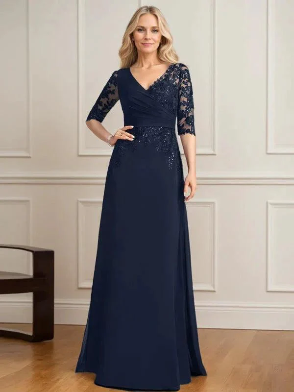 A-line V-Neck Floor-Length Lace Chiffon Mother of the Bride Dress With Pleated Sequins - Image 29
