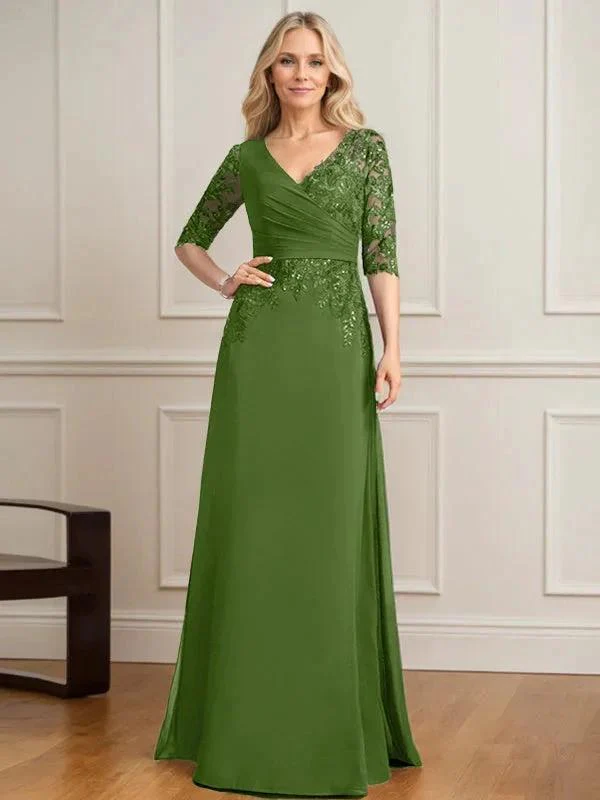 A-line V-Neck Floor-Length Lace Chiffon Mother of the Bride Dress With Pleated Sequins - Image 30