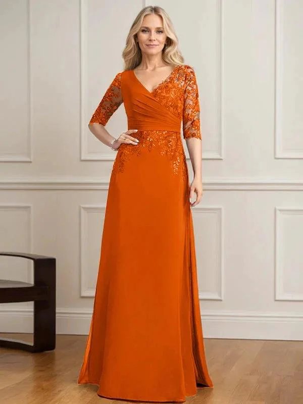 A-line V-Neck Floor-Length Lace Chiffon Mother of the Bride Dress With Pleated Sequins - Image 31