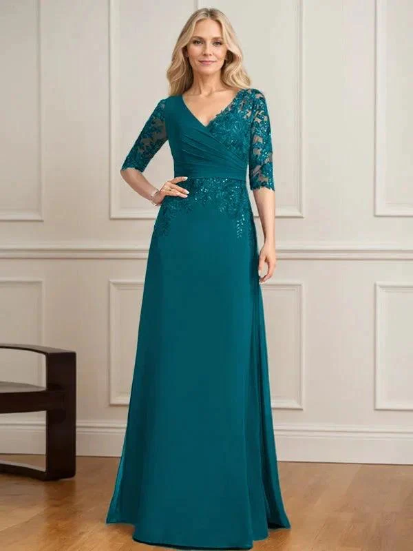 A-line V-Neck Floor-Length Lace Chiffon Mother of the Bride Dress With Pleated Sequins - Image 32