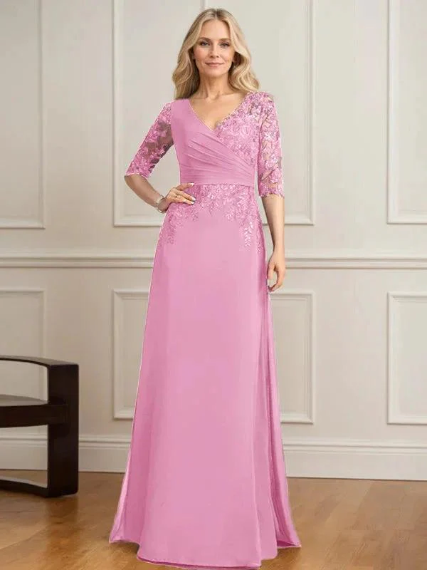 A-line V-Neck Floor-Length Lace Chiffon Mother of the Bride Dress With Pleated Sequins - Image 33