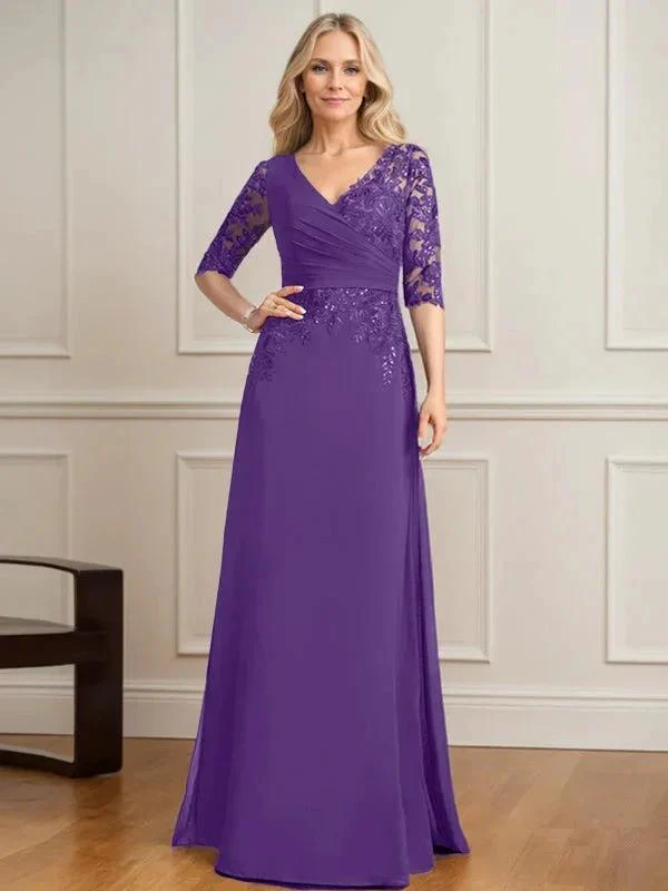 A-line V-Neck Floor-Length Lace Chiffon Mother of the Bride Dress With Pleated Sequins - Image 34