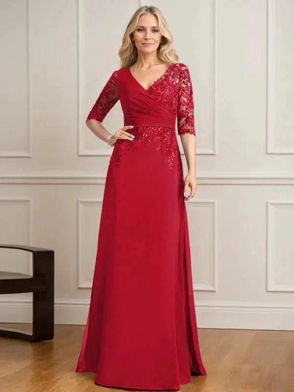 A-line V-Neck Floor-Length Lace Chiffon Mother of the Bride Dress With Pleated Sequins - Image 35