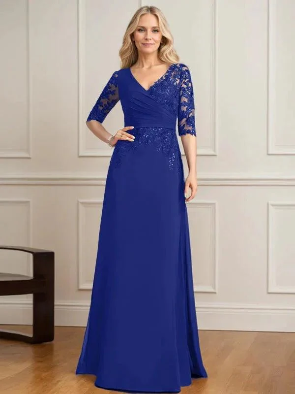 A-line V-Neck Floor-Length Lace Chiffon Mother of the Bride Dress With Pleated Sequins - Image 36
