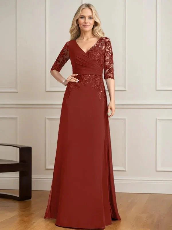 A-line V-Neck Floor-Length Lace Chiffon Mother of the Bride Dress With Pleated Sequins - Image 37