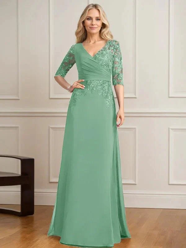 A-line V-Neck Floor-Length Lace Chiffon Mother of the Bride Dress With Pleated Sequins - Image 38