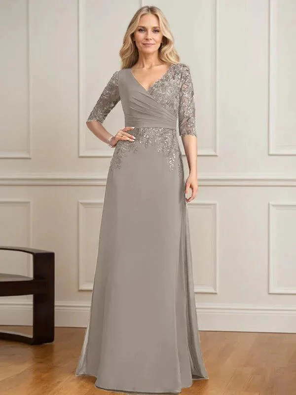 A-line V-Neck Floor-Length Lace Chiffon Mother of the Bride Dress With Pleated Sequins - Image 39