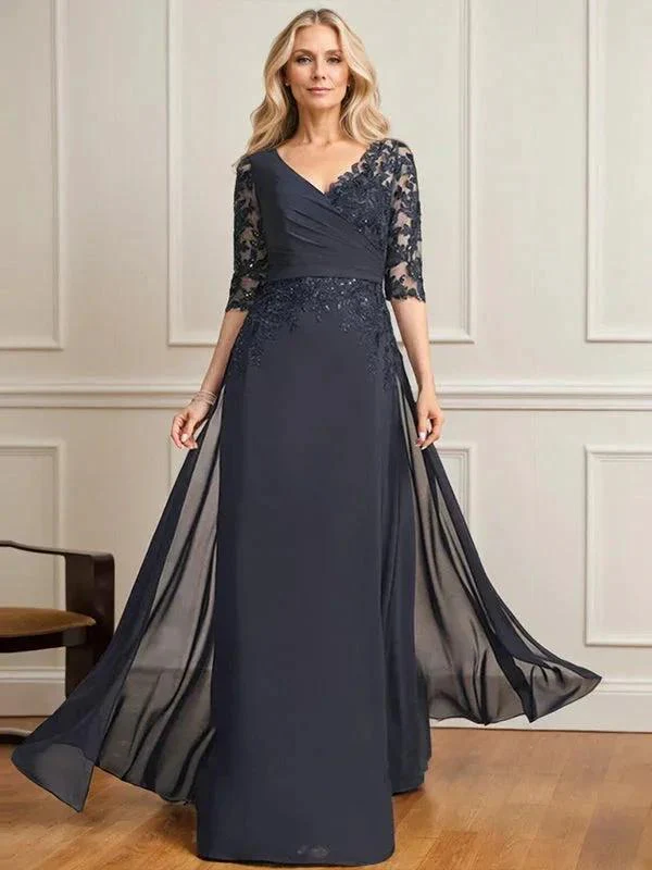 A-line V-Neck Floor-Length Lace Chiffon Mother of the Bride Dress With Pleated Sequins - Image 4