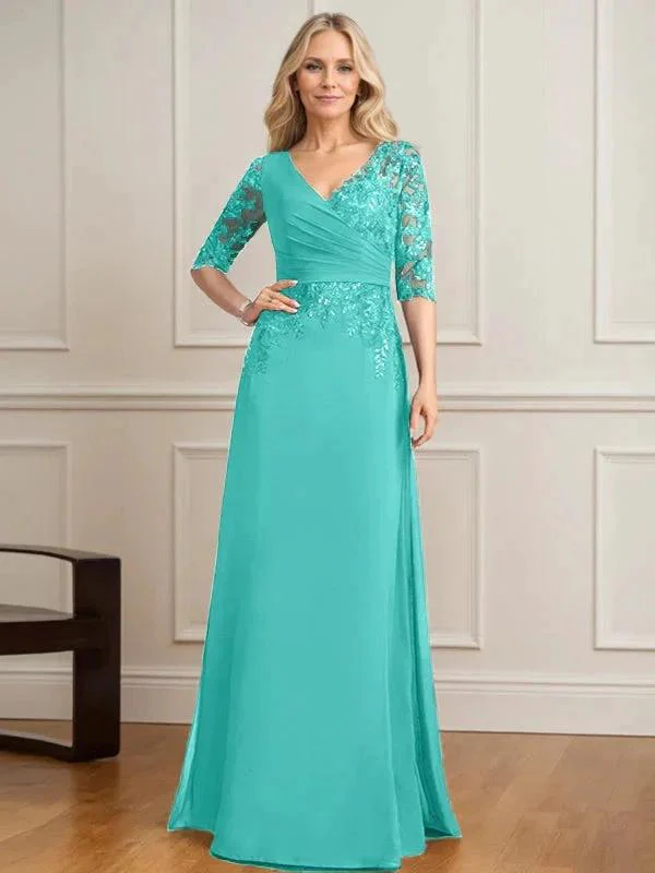 A-line V-Neck Floor-Length Lace Chiffon Mother of the Bride Dress With Pleated Sequins - Image 41