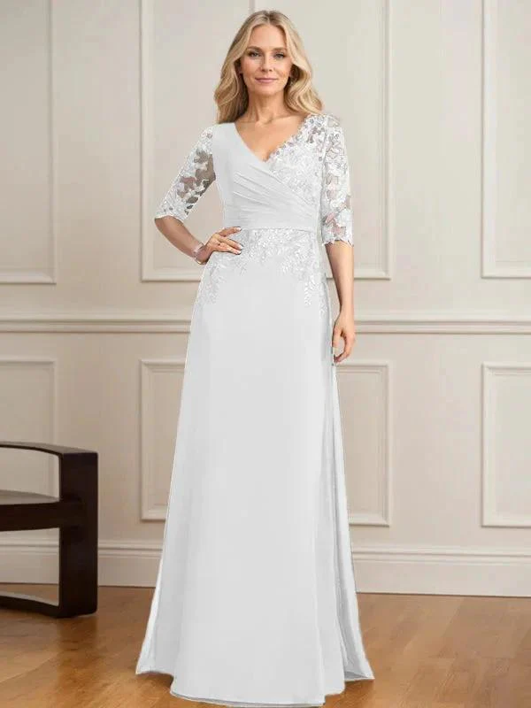 A-line V-Neck Floor-Length Lace Chiffon Mother of the Bride Dress With Pleated Sequins - Image 42