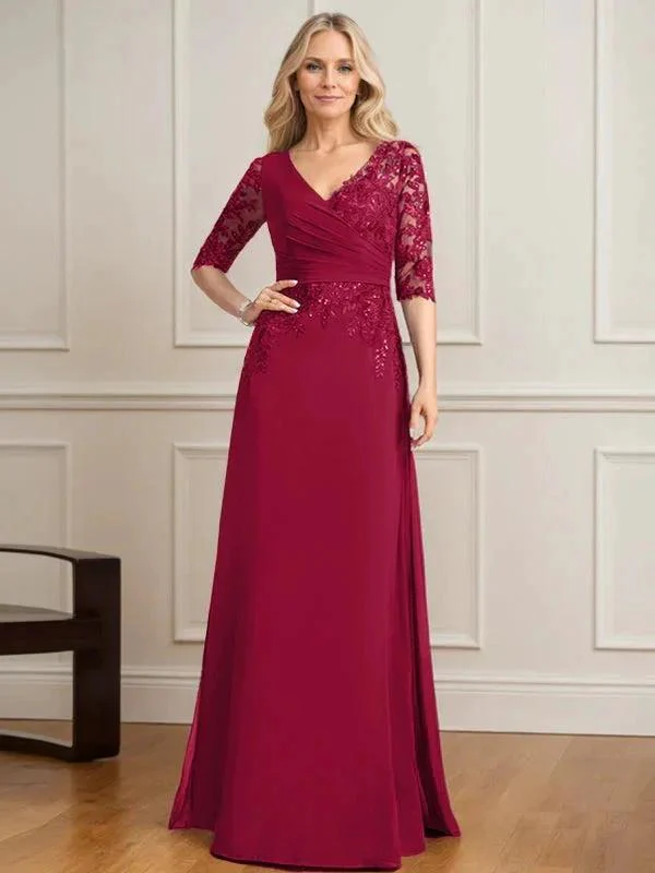 A-line V-Neck Floor-Length Lace Chiffon Mother of the Bride Dress With Pleated Sequins - Image 43