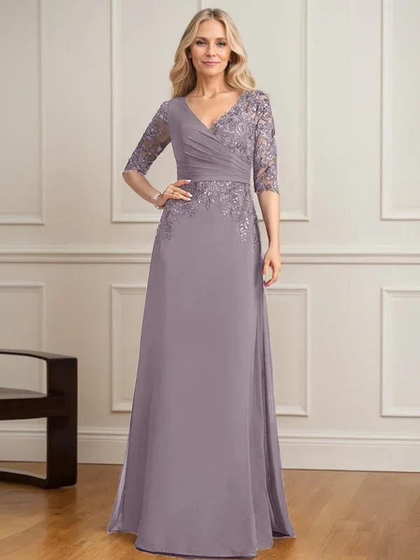 A-line V-Neck Floor-Length Lace Chiffon Mother of the Bride Dress With Pleated Sequins - Image 44