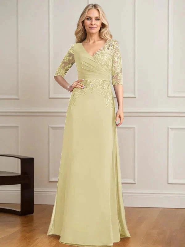 A-line V-Neck Floor-Length Lace Chiffon Mother of the Bride Dress With Pleated Sequins - Image 45