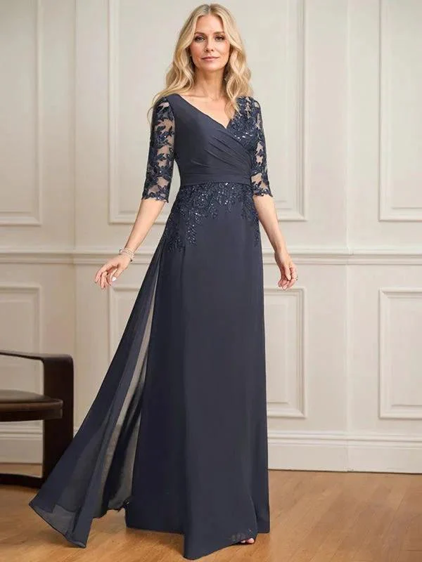 A-line V-Neck Floor-Length Lace Chiffon Mother of the Bride Dress With Pleated Sequins - Image 5