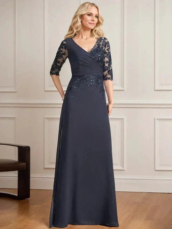 A-line V-Neck Floor-Length Lace Chiffon Mother of the Bride Dress With Pleated Sequins - Image 7