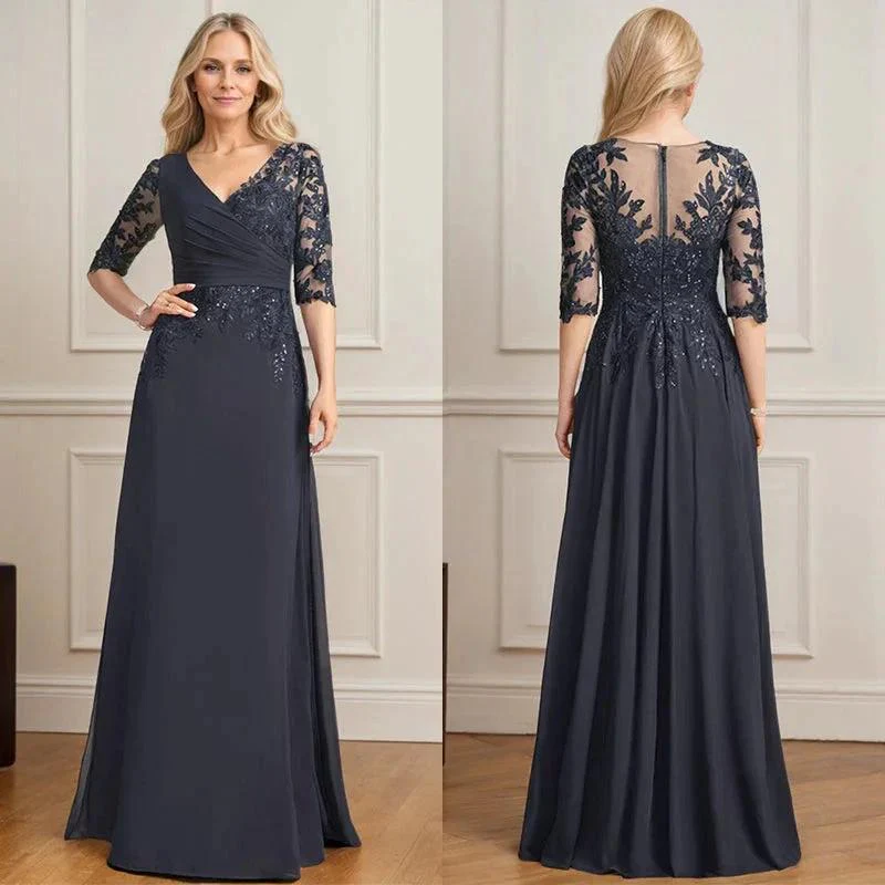 A-line V-Neck Floor-Length Lace Chiffon Mother of the Bride Dress With Pleated Sequins - Image 8