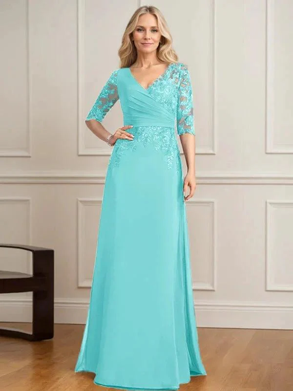 A-line V-Neck Floor-Length Lace Chiffon Mother of the Bride Dress With Pleated Sequins - Image 9