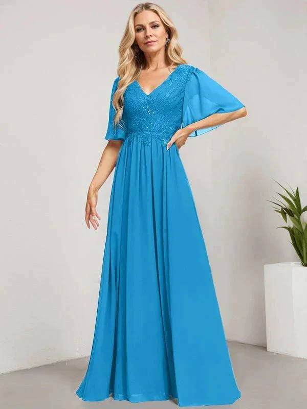 A-line V-Neck Floor-Length Lace Chiffon Mother of the Bride Dress With Sequins - Image 10