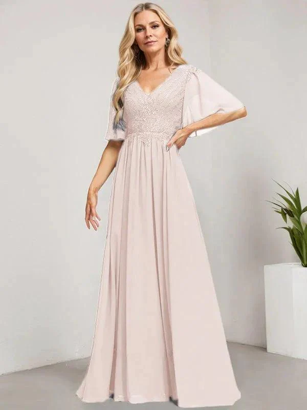 A-line V-Neck Floor-Length Lace Chiffon Mother of the Bride Dress With Sequins - Image 11