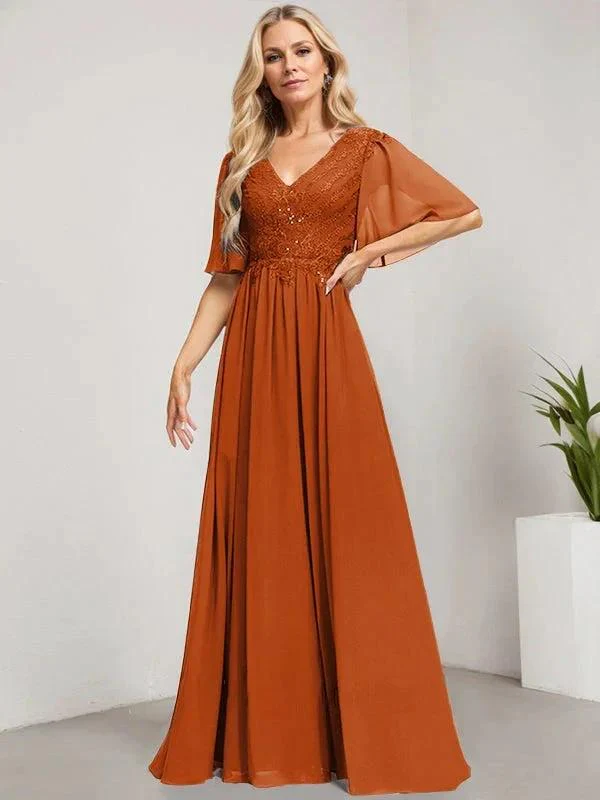 A-line V-Neck Floor-Length Lace Chiffon Mother of the Bride Dress With Sequins - Image 12