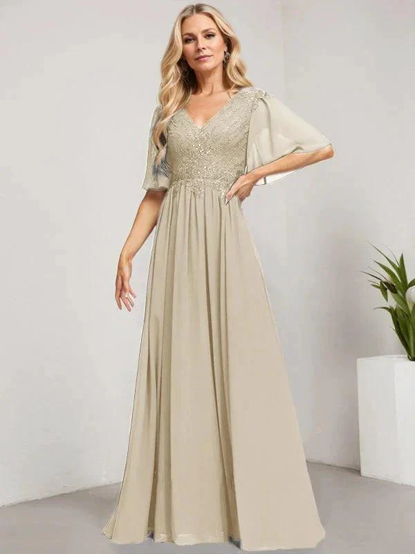 A-line V-Neck Floor-Length Lace Chiffon Mother of the Bride Dress With Sequins - Image 13