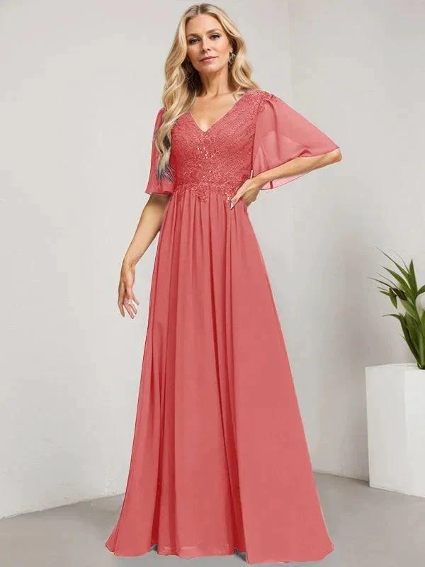 A-line V-Neck Floor-Length Lace Chiffon Mother of the Bride Dress With Sequins - Image 14