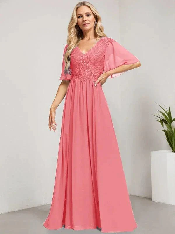 A-line V-Neck Floor-Length Lace Chiffon Mother of the Bride Dress With Sequins - Image 15