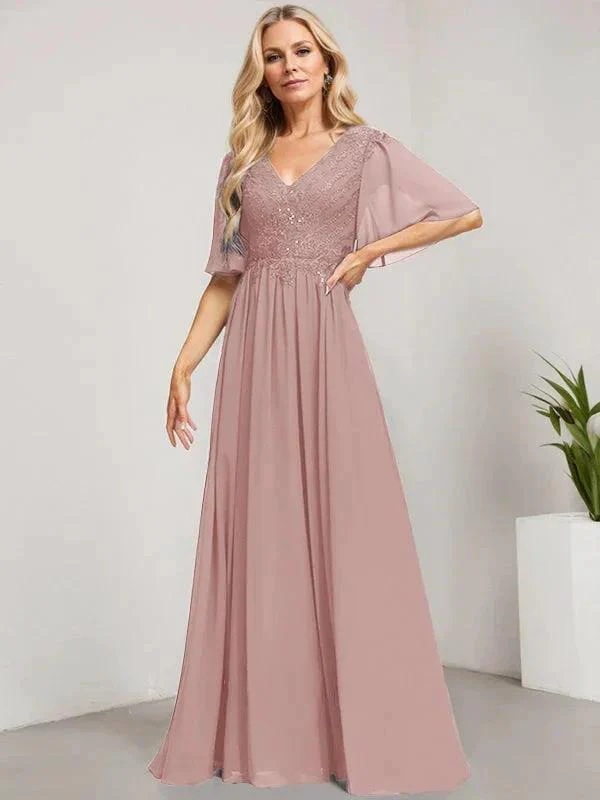 A-line V-Neck Floor-Length Lace Chiffon Mother of the Bride Dress With Sequins - Image 16