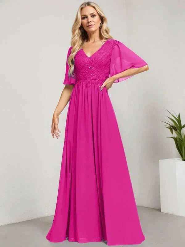 A-line V-Neck Floor-Length Lace Chiffon Mother of the Bride Dress With Sequins - Image 17