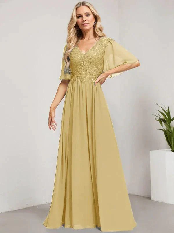 A-line V-Neck Floor-Length Lace Chiffon Mother of the Bride Dress With Sequins - Image 18