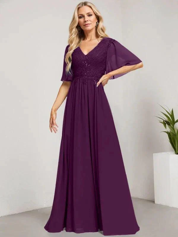 A-line V-Neck Floor-Length Lace Chiffon Mother of the Bride Dress With Sequins - Image 19